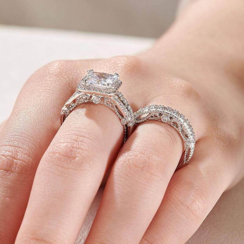 Newshe Vintage Wedding Rings Set | 2 Pcs | Solid 925 Sterling Silver | 4Ct Princess Cut AAAAA CZ Engagement Ring | Women's Bridal Jewelry